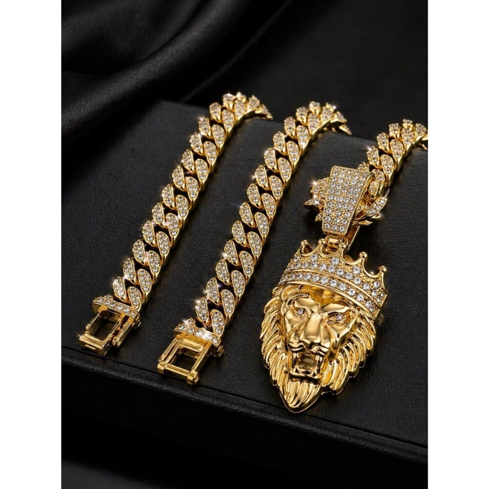 Iced Out Lion Head Pendant + Cuban Link Chain Necklace Gold Plated Hip Hop 27”